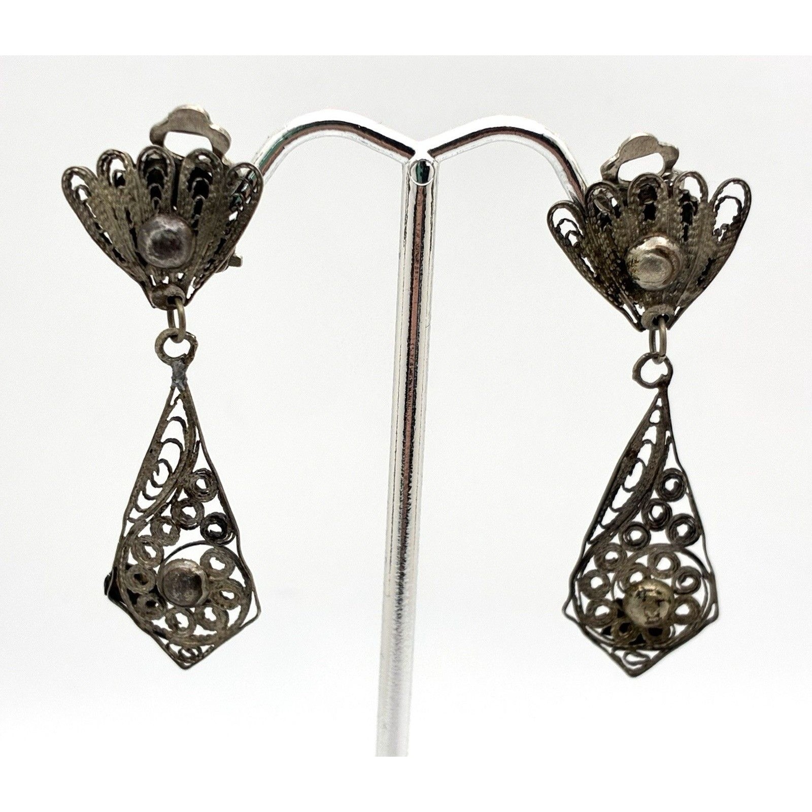 Delicate Antique Filigree Sterling Silver Clip On 2.75” Earrings Stunning Signed